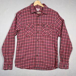True Religion Flannel Shirt Men Small Utility Button Up‎ Red Grey Plaid Workwear